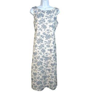 Vintage Caroline Wells Linen Floral Midi Dress Sleeveless French Blue Cream M/L